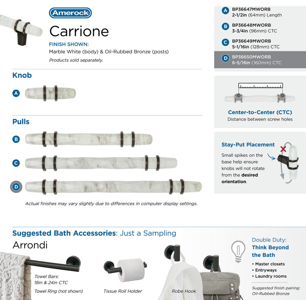 Carrione Cabinet Pull, Marble White/Oil-Rubbed Bronze, 6-5/16" Center-to-Center