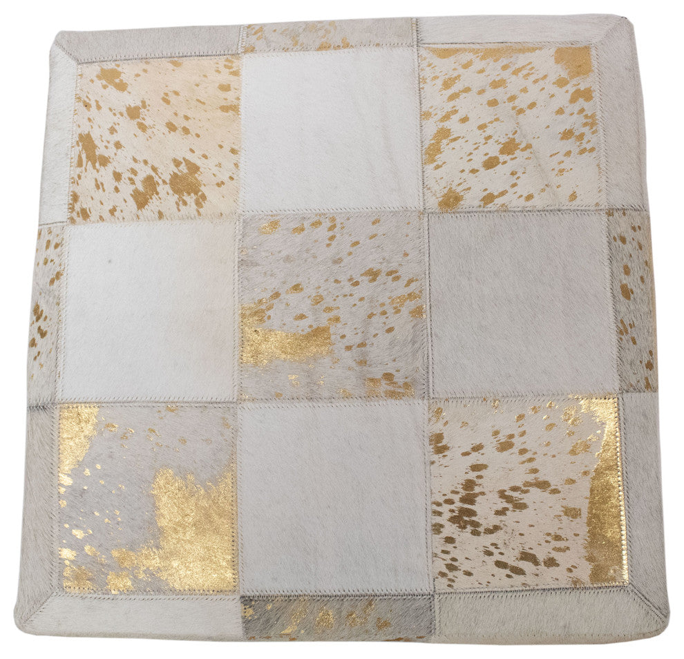 Decor Maisonette Gold Foil Hide Pouf Flynn, Ivory, 18"
