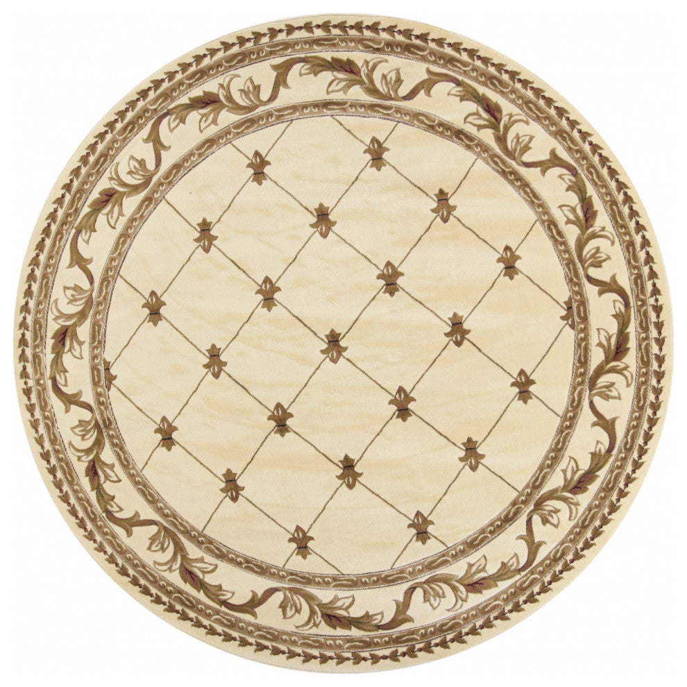 HomeRoots 8' Ivory Machine Woven Hand Carved Fleur De Lis Round Indoor Area Rug