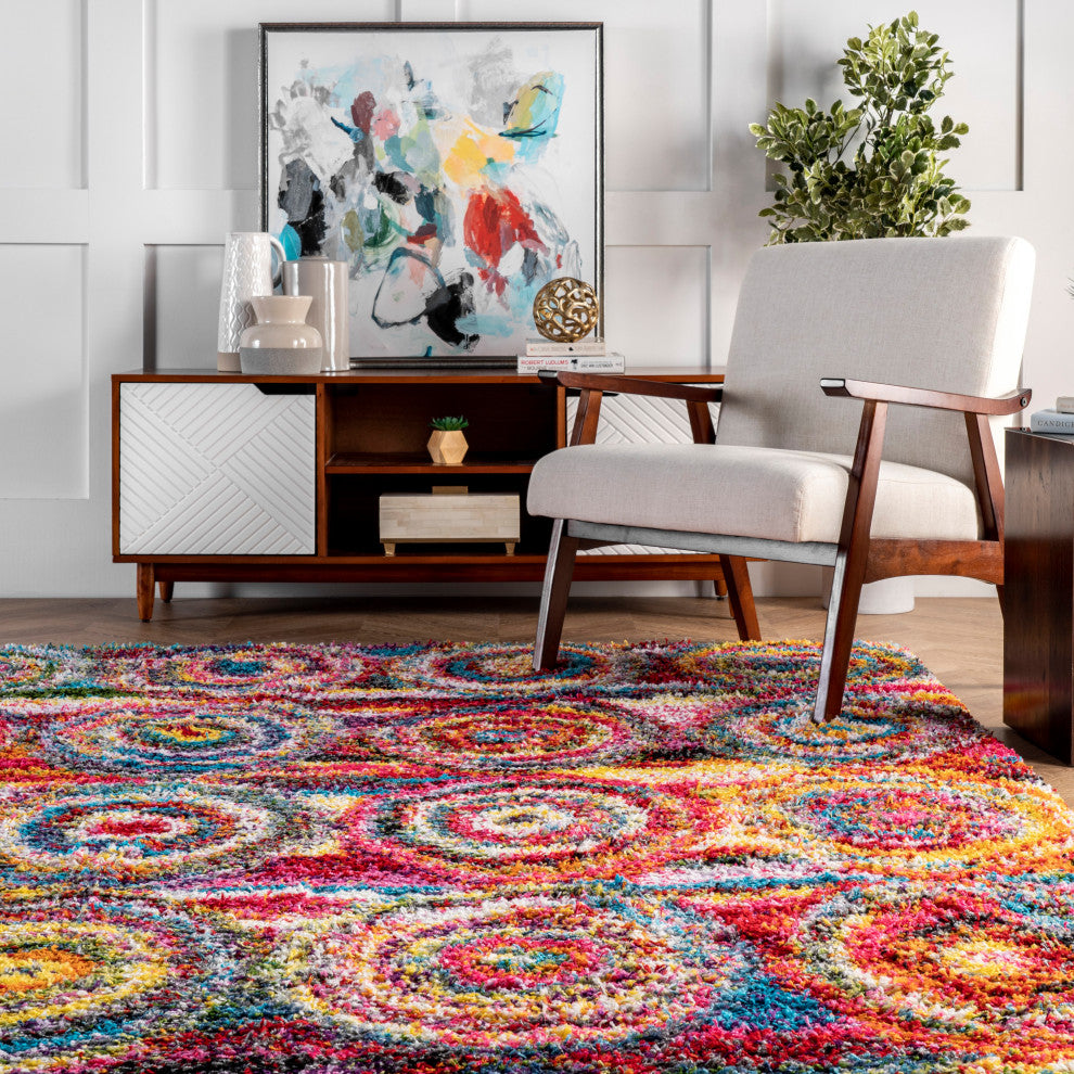 Nuloom Contemporary Abstract Circles Shag Rug, Multicolor 5'3"x7'6"
