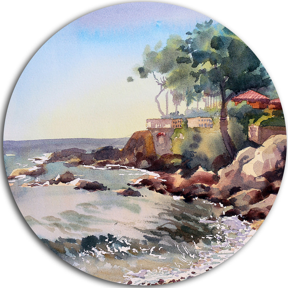 Cote D Azur France, Landscape Painting Disc Metal Wall Art, 11"