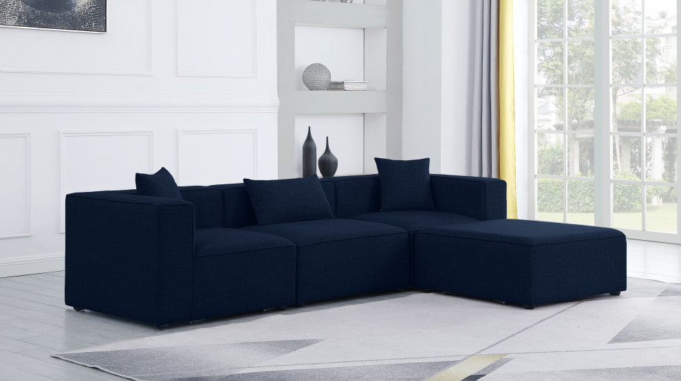 Cube Upholstered Modular Sectional, Navy, 4-Piece: 1 Armless Chair, 2 Corner Chair, 1 Ottoman, Linen Texured Fabric