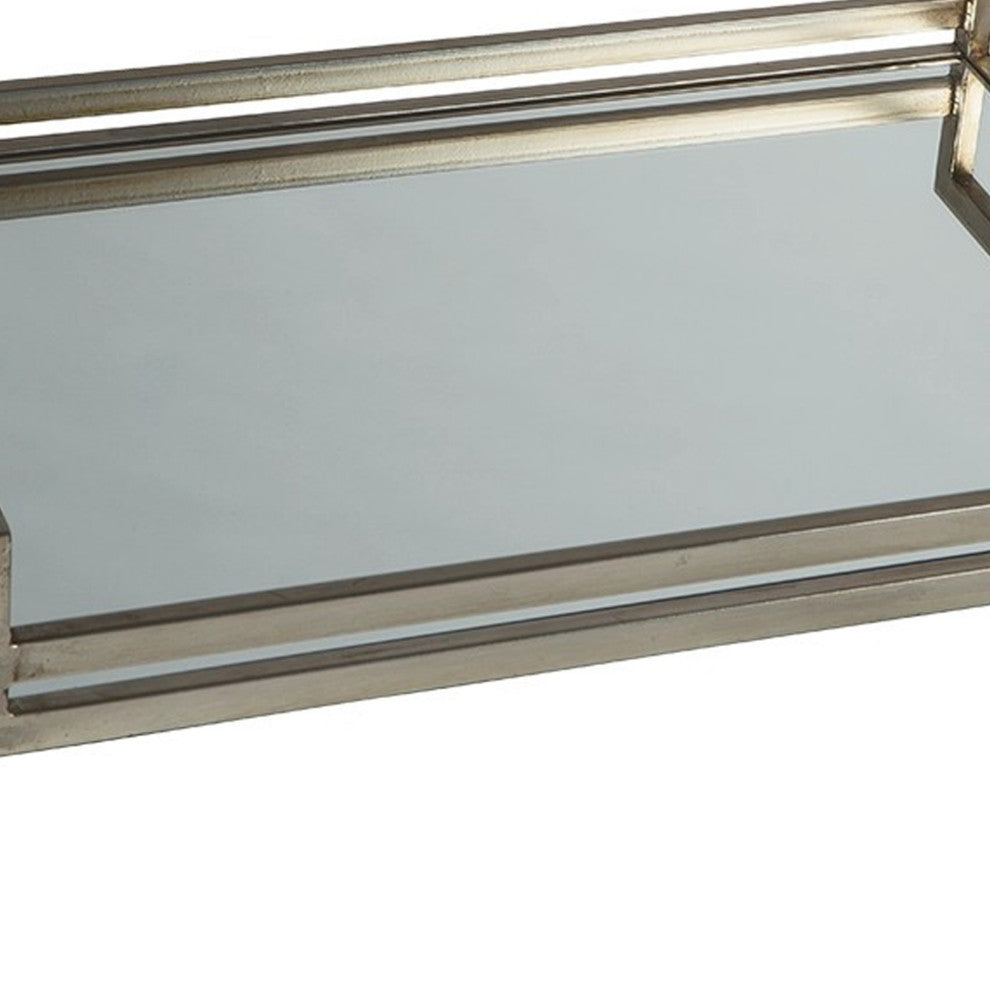 Benzara BM231913 Rectangular Metal Frame Tray With Mirrored Top, Silver
