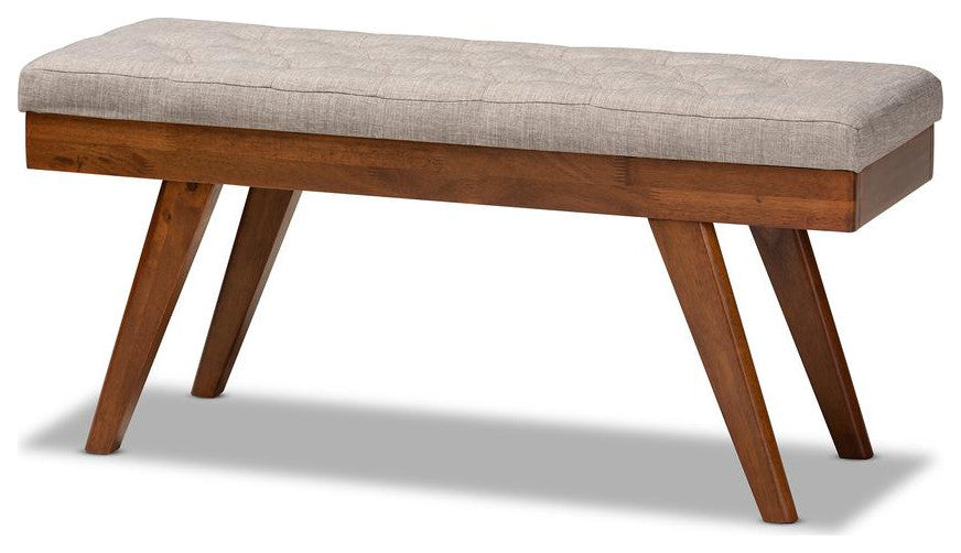 Alona Mid-Century Modern Light Gray Fabric Upholstered Wood Dining Bench