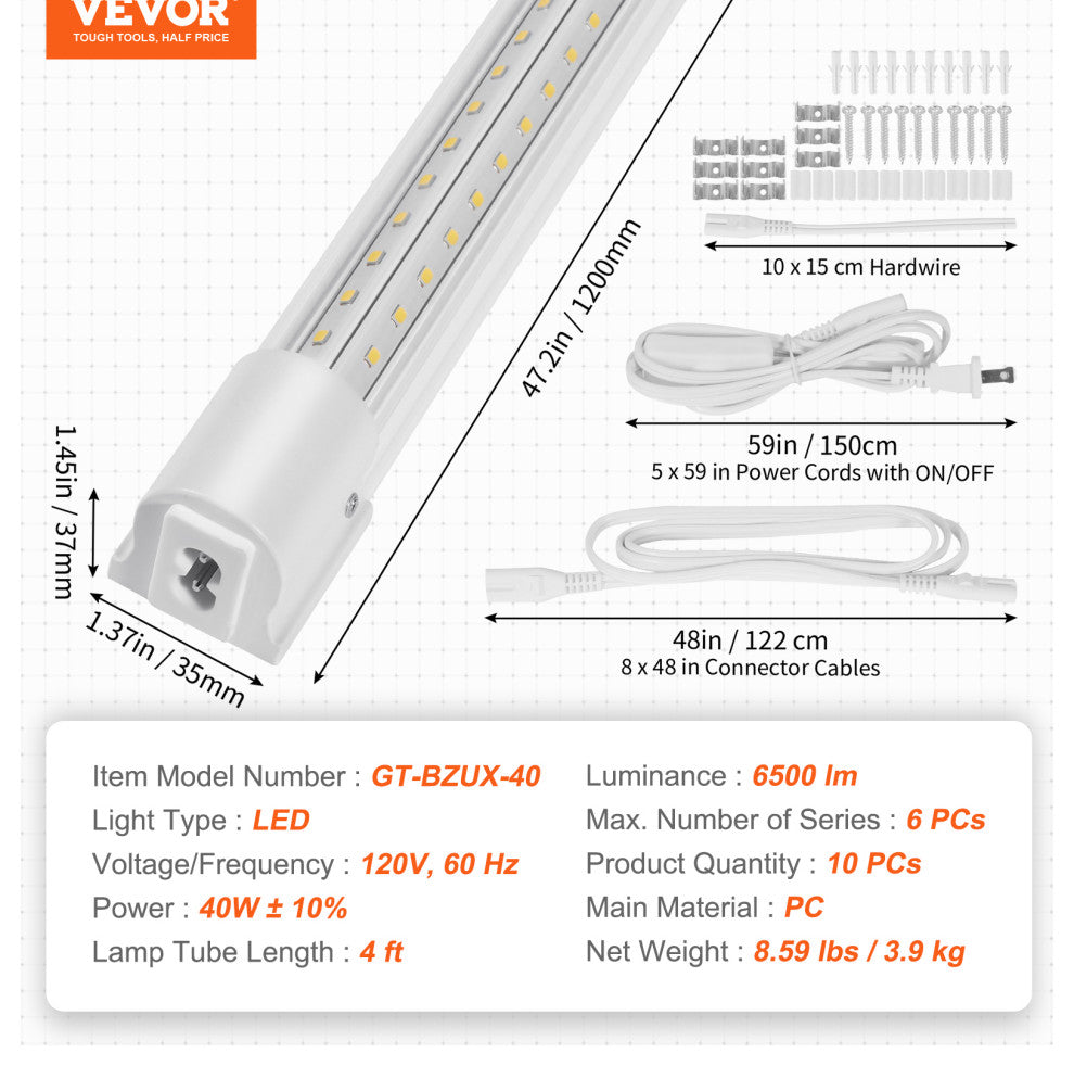 VEVOR 10 Pack 4 FT LED Shop Light 40W Linkable Ceiling Shop Light Fixture 6500LM