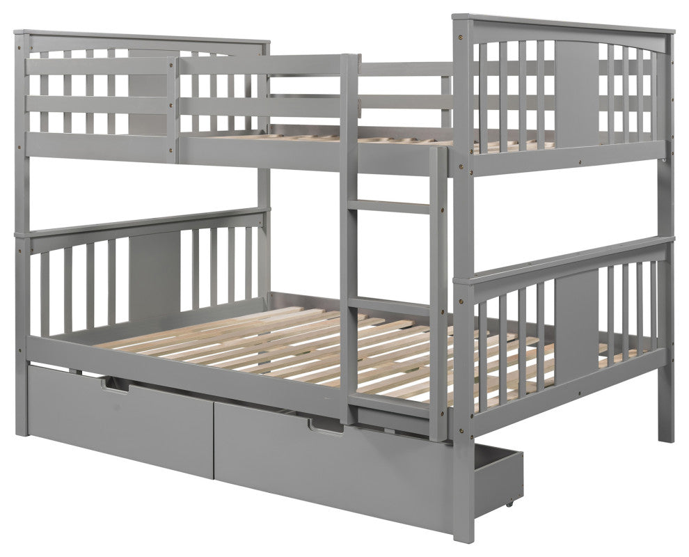 Gewnee Wood Full over Full Bunk Bed with Drawers and Ladder in Gray