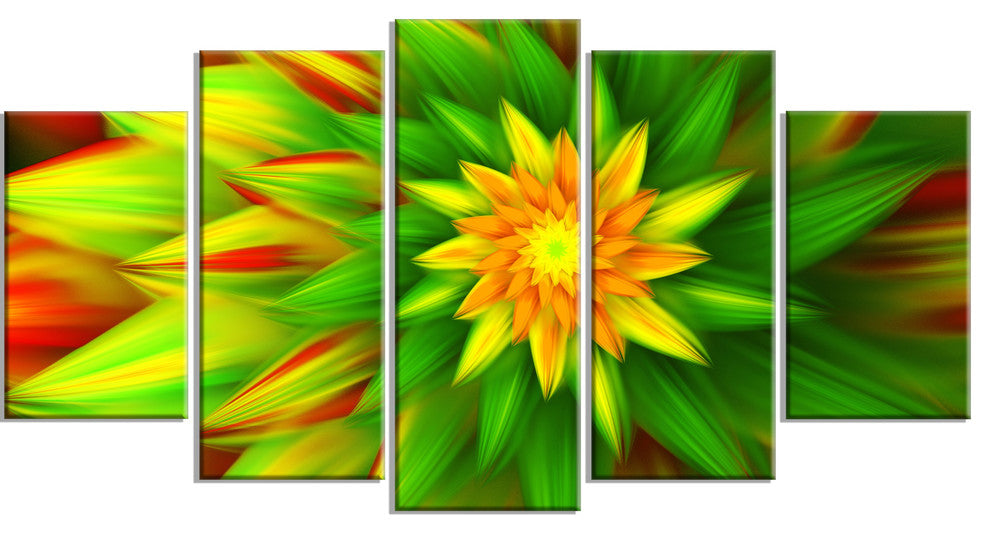 Amazing Dance of Green Petals, Green, Floral Canvas Art Print, 60"x32", 5 Panels