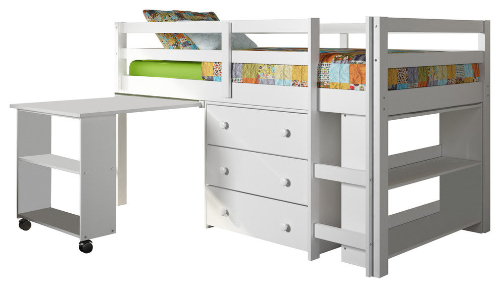 Donco Kids Studying Student Low-Loft Bed, White, Twin