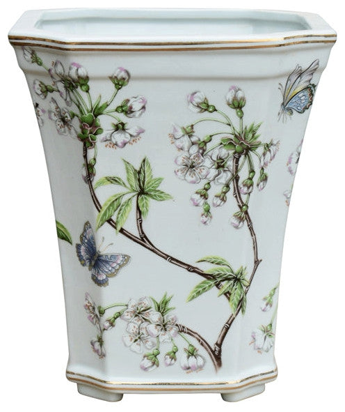 Square Cut Corner Cherry Blossom Porcelain Pot
