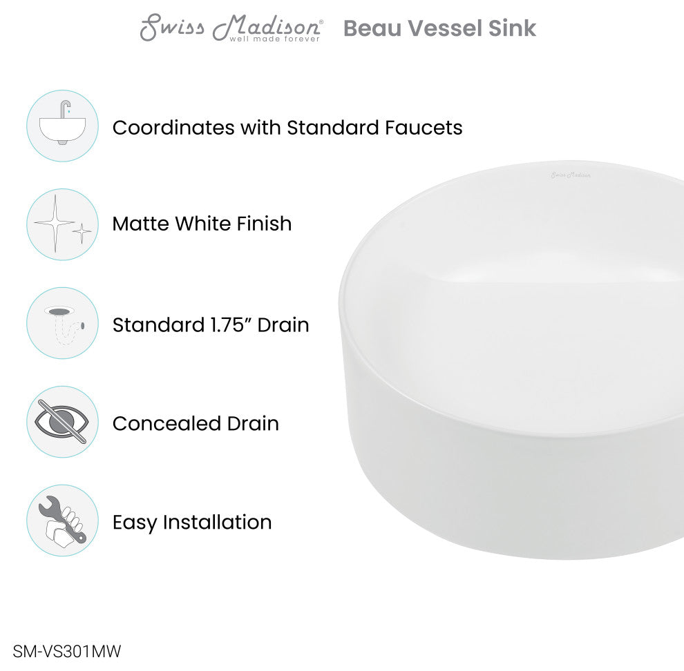 Beau 16.5" Round Vessel Bathroom Sink, Matte White