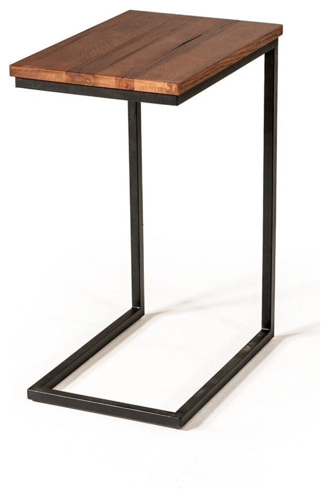 Modern Rustic Brown Aged Oak Wood and Metal C Shape Snack Table