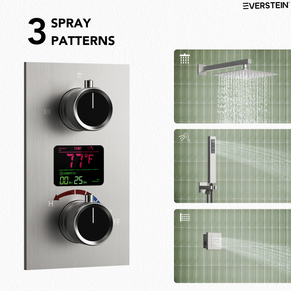 LED Temperature Digital Display Shower System With Body Jets, Brushed Nickel, 12 Inches