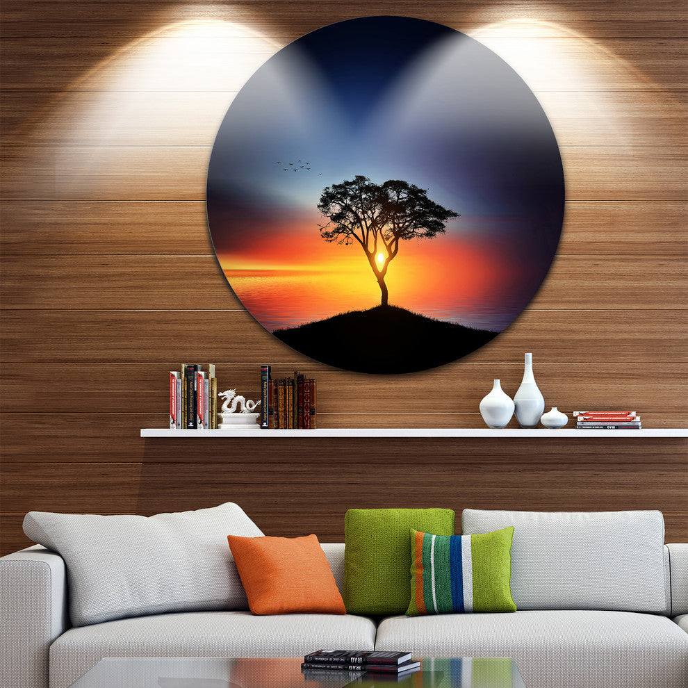 Beautiful Sunset Over Lonely Tree, Disc Metal Artwork Landscape, 36"