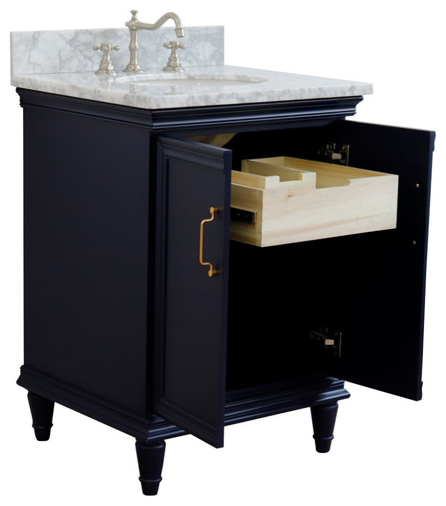 25" Single Vanity, Blue Finish With White Carrara And Oval Sink