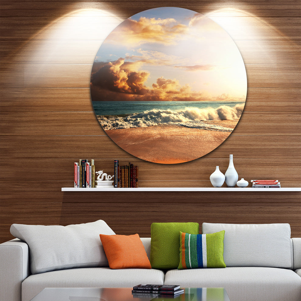 Fast Moving Dark Clouds Over Beach, Beach Disc Metal Artwork, 23"