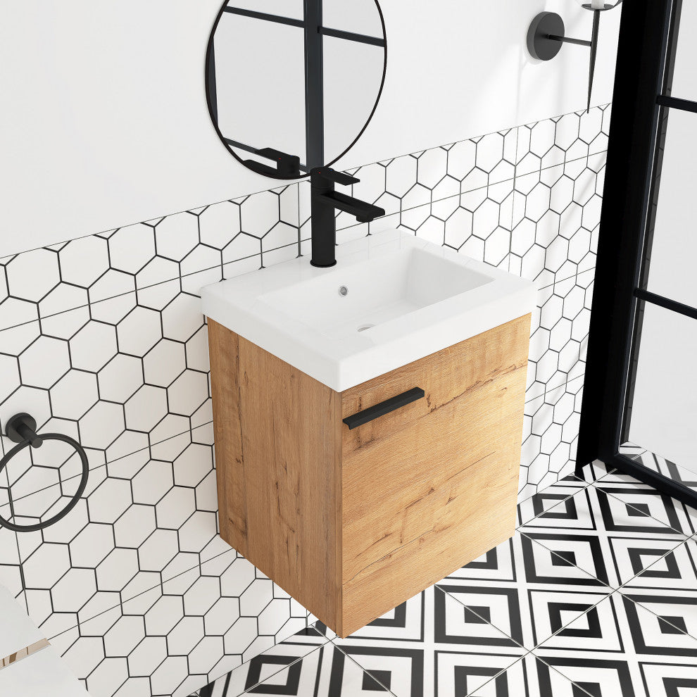 18 in. Wall-Mounted Small Bathroom Vanity With Ceramic Sink, Imitative Oak