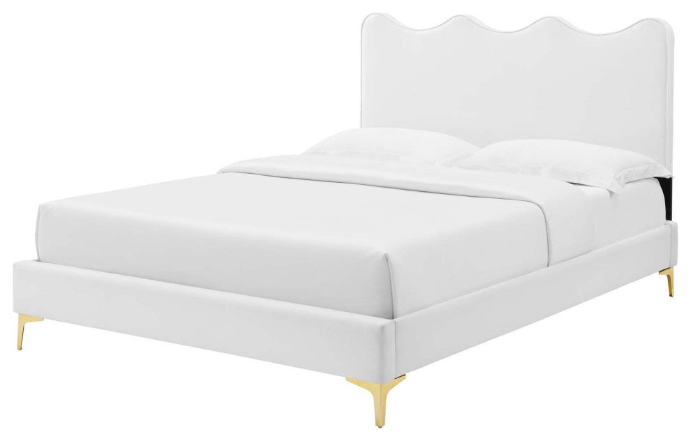 Platform Bed Frame, King Size, White, Velvet, Modern, Bedroom Guest Suite