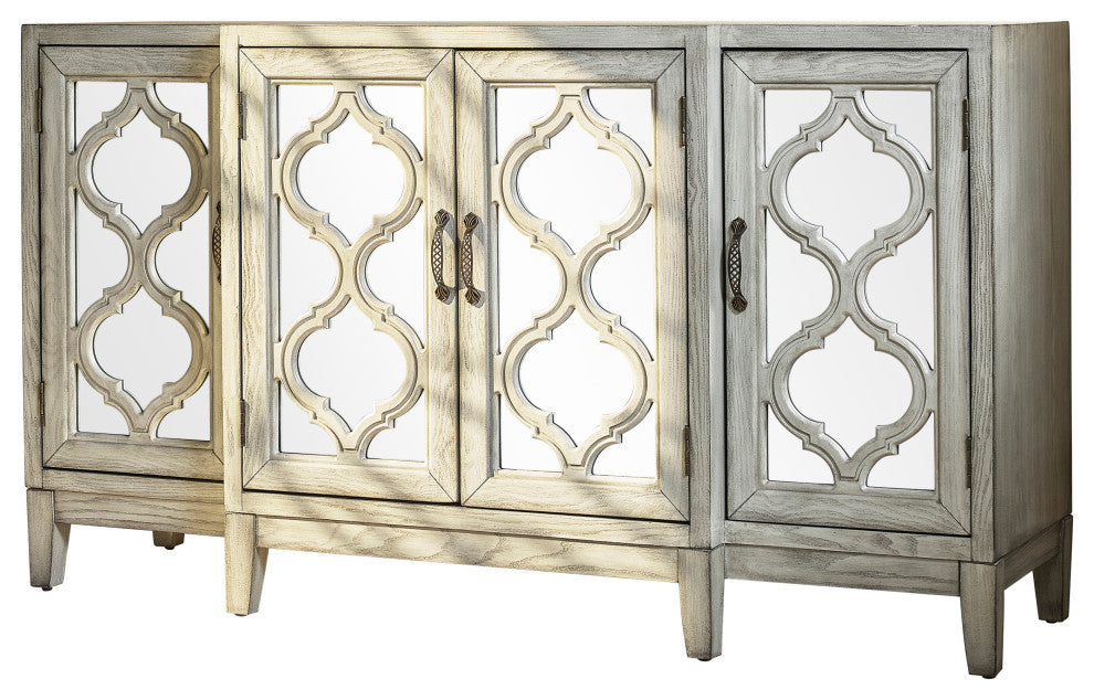Benzara BM245885 Wooden Accent Cabinet With 4 Mirrored Doors, Antique White