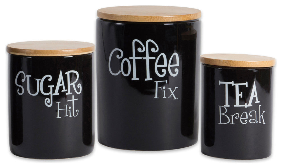 Black Coffee/Sugar/Tea Ceramic Canister Set of 3