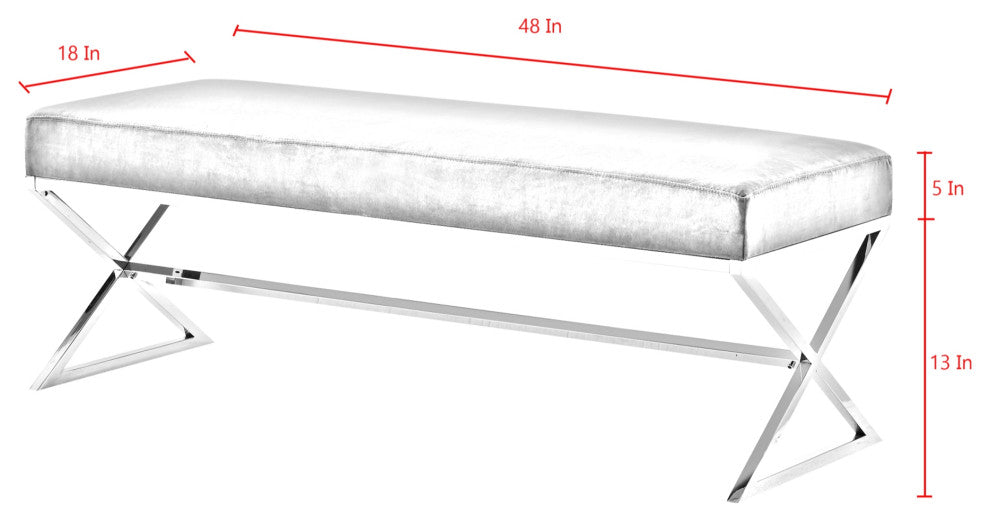 Oria Faux Fur X-Leg Base Bench, White and Chrome