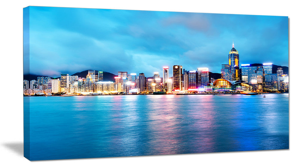 Colorful Hong Kong at Night, Cityscape Canvas Art Print, 32"x16"