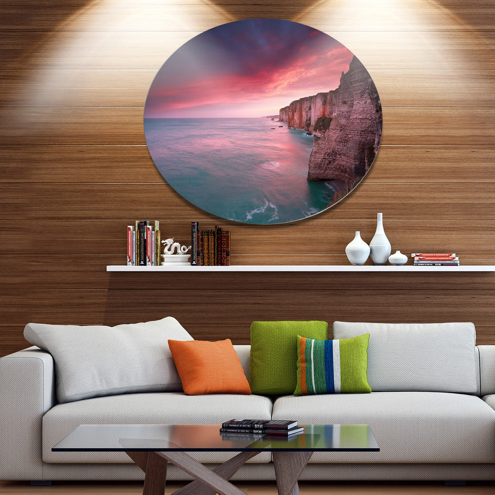 Dramatic Sunrise Over Sea And Cliffs, Beach Round Metal Wall Art, 23"