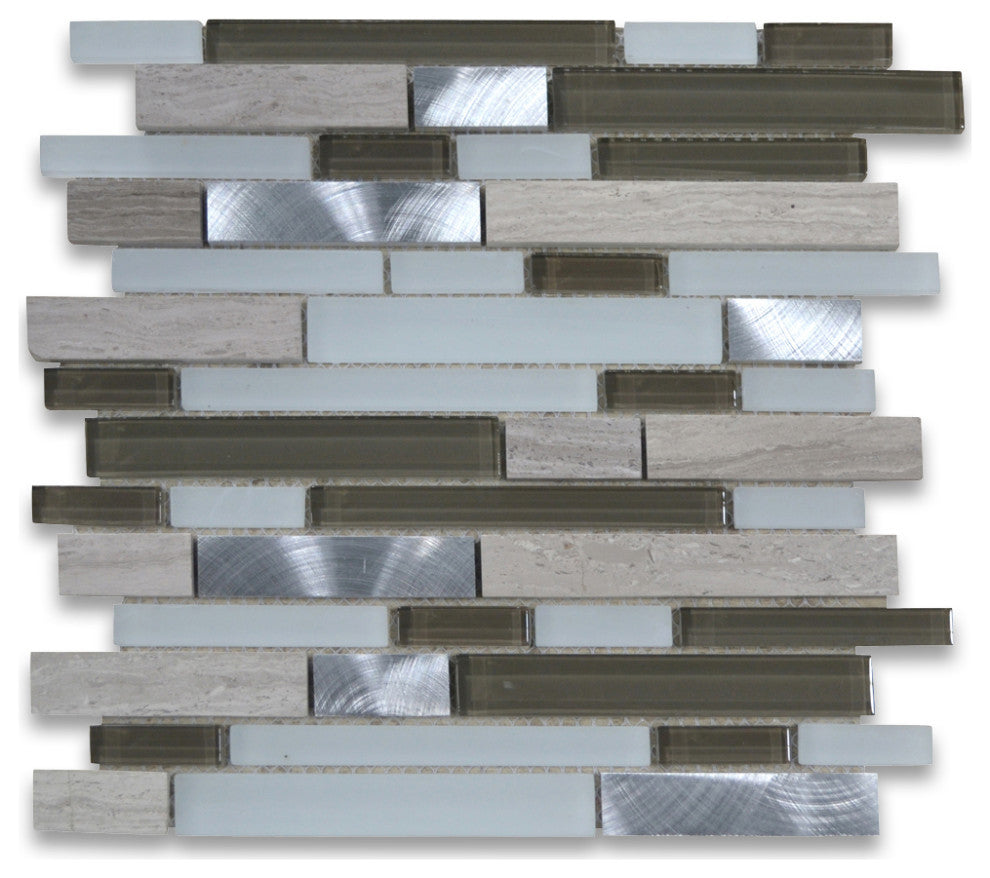 Glass Mosaic Tile Ash Brown White Grey Wood Grain Marble Aluminum, 1 sheet