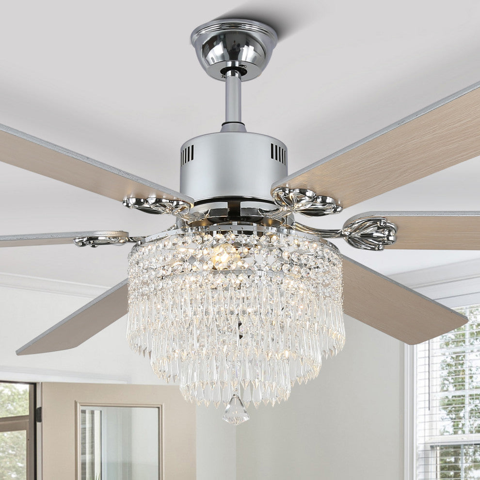 CurveCurio 65" Lagre Ceiling Fan w Crystal Light Shade and Wood Blades, Chrome