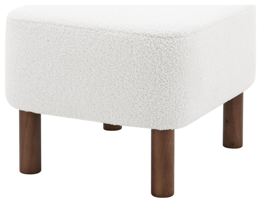 Beatrice Ottoman, White Fabric With Walnut Stained Wood Legs