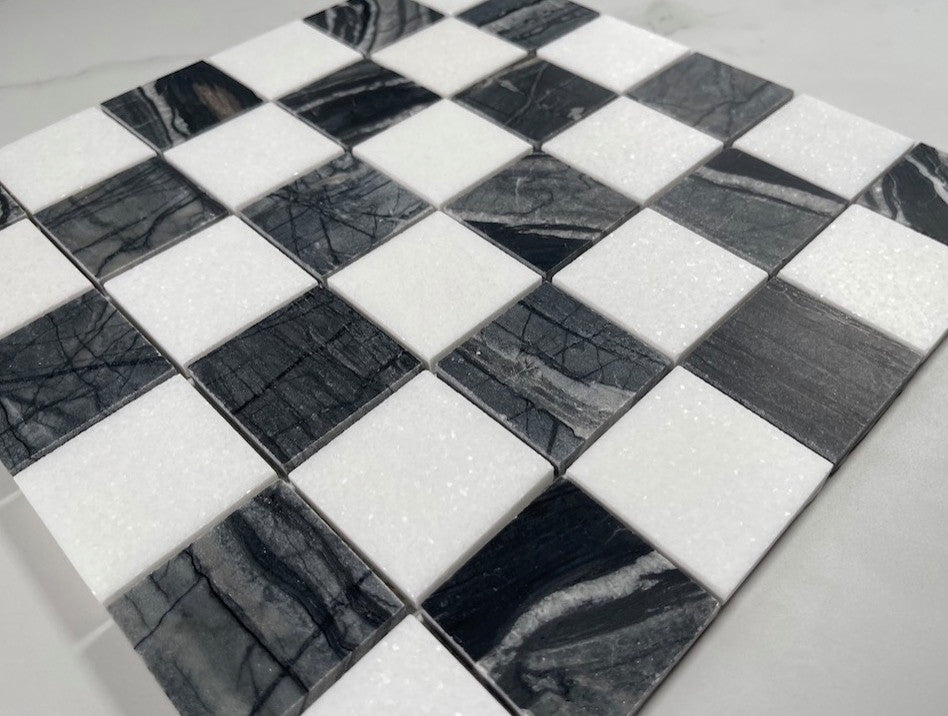 Silver Wave Black Forest Thassos White Marble Checkerboard Tile Honed, 1 sheet