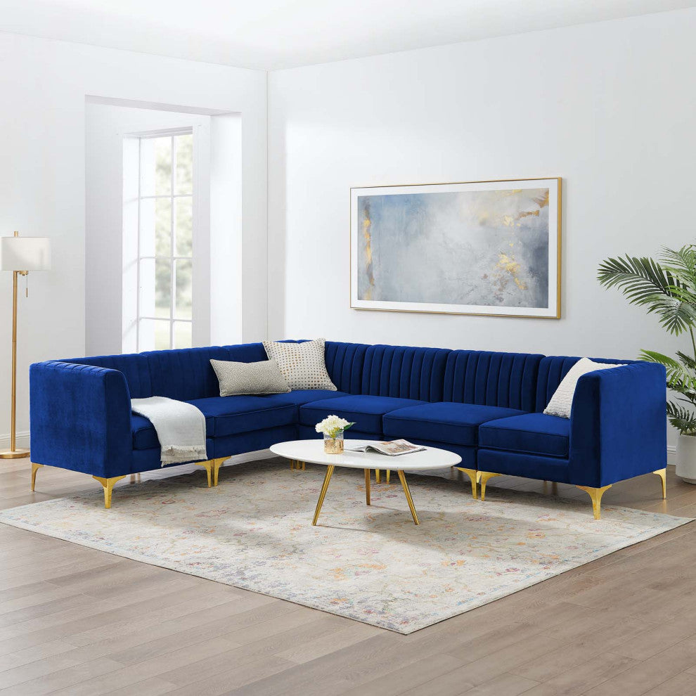 Tufted Sectional Sofa Set, Velvet, Blue Navy, Modern, Living Lounge Hospitality