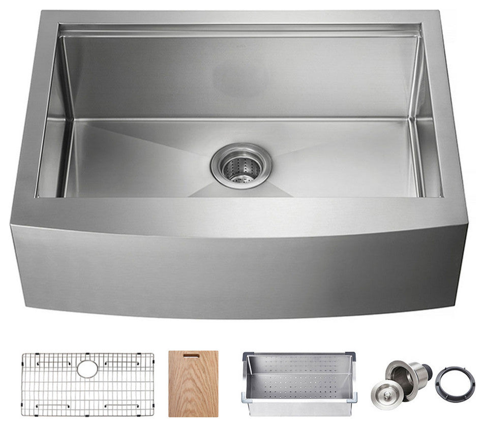 KIBI Farmhouse Apron Single Bowl Stainless Steel Workstation Kitchen Sink, 30"