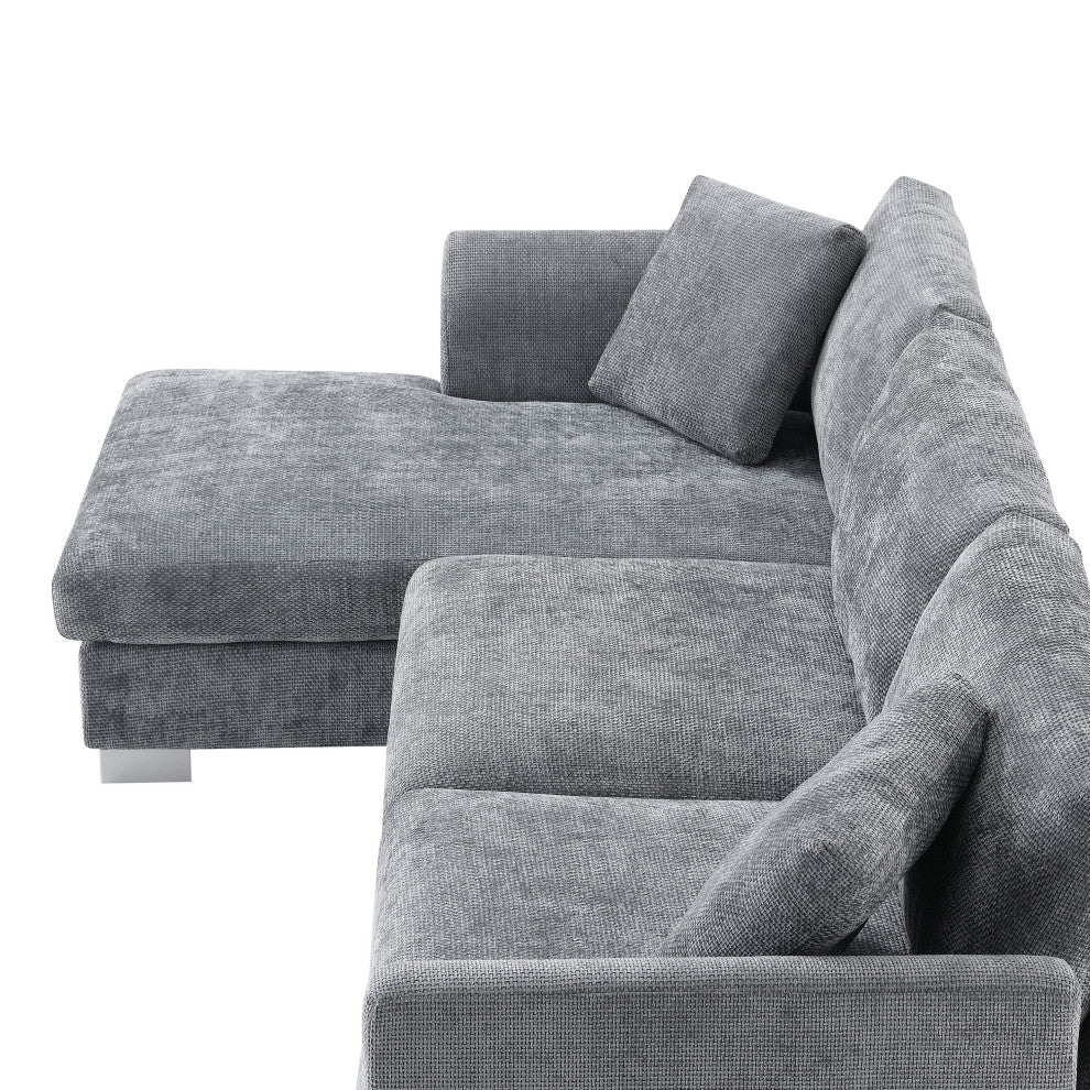 Alice Modern L-Shaped Cloud Chenille Sectional Chaise Sofa With 2 Pillows, Gray