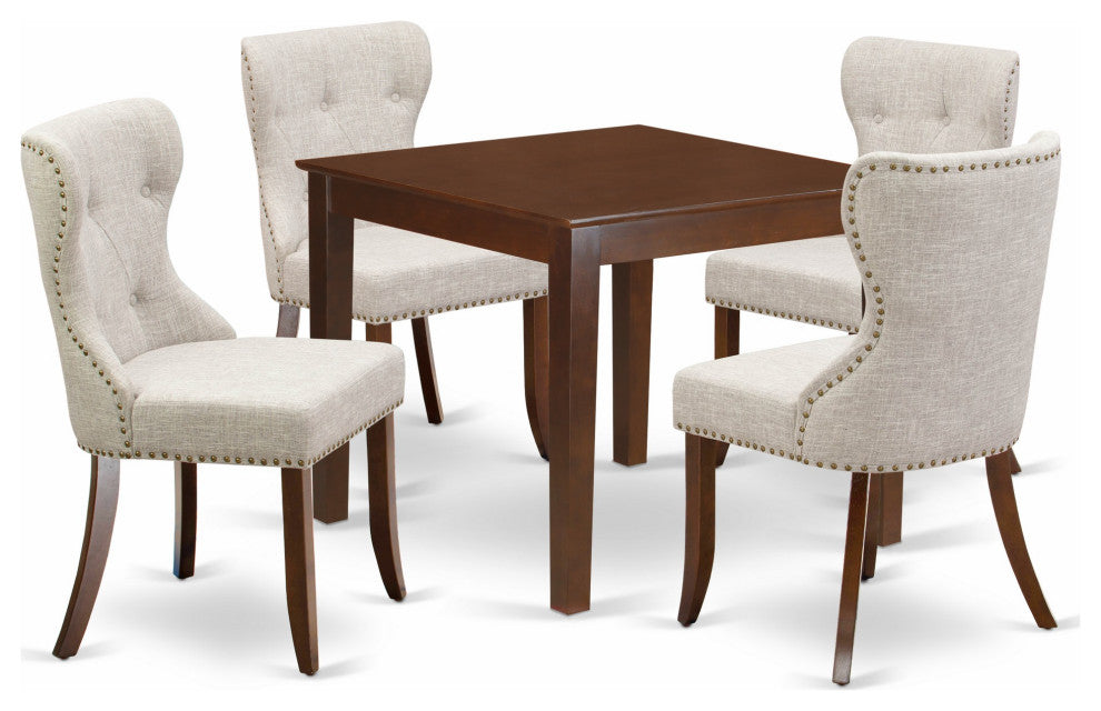 A Kitchen Set Of 4 Indoor Chairs, Doeskin Color, Square Table, Mahogany Finish