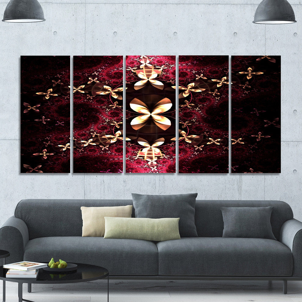 Yellow Red Fractal Flower Pattern, Abstract Canvas Art Print, 60"x28", 5 Panels