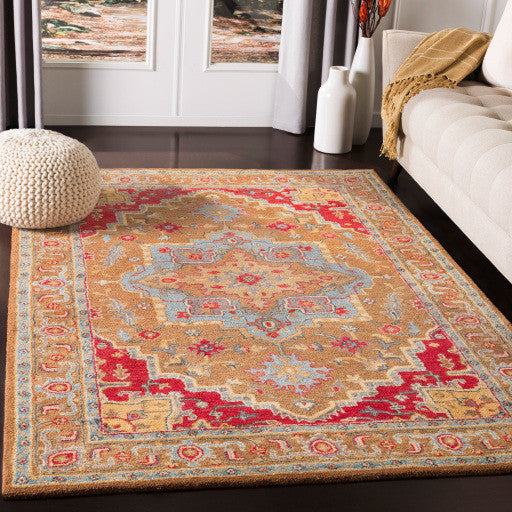 Surya Tabriz TBZ-1005 5'x7'6" Rug, Camel/Aqua/Bright Red/Wheat/Tan/Medium Gray