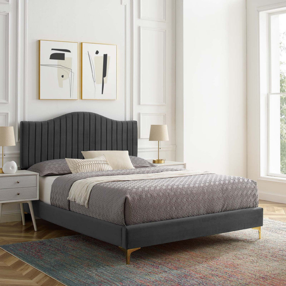 Tufted Platform Bed Frame, Queen Size, Velvet, Gray, Modern Contemporary
