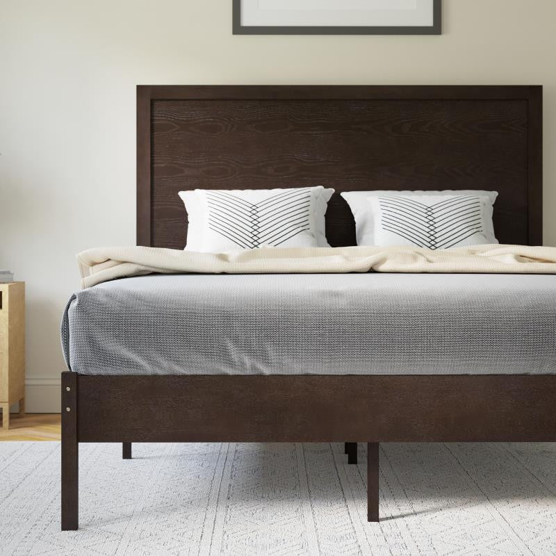 Asher Solid Wood Platform Bed with Wooden Slats and Headboard, Dark Brown, Full
