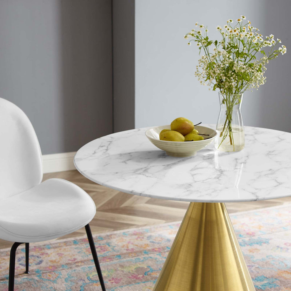 Dining Table, Round, Artificial Marble, Metal, Gold White, Modern, Cafe Bistro