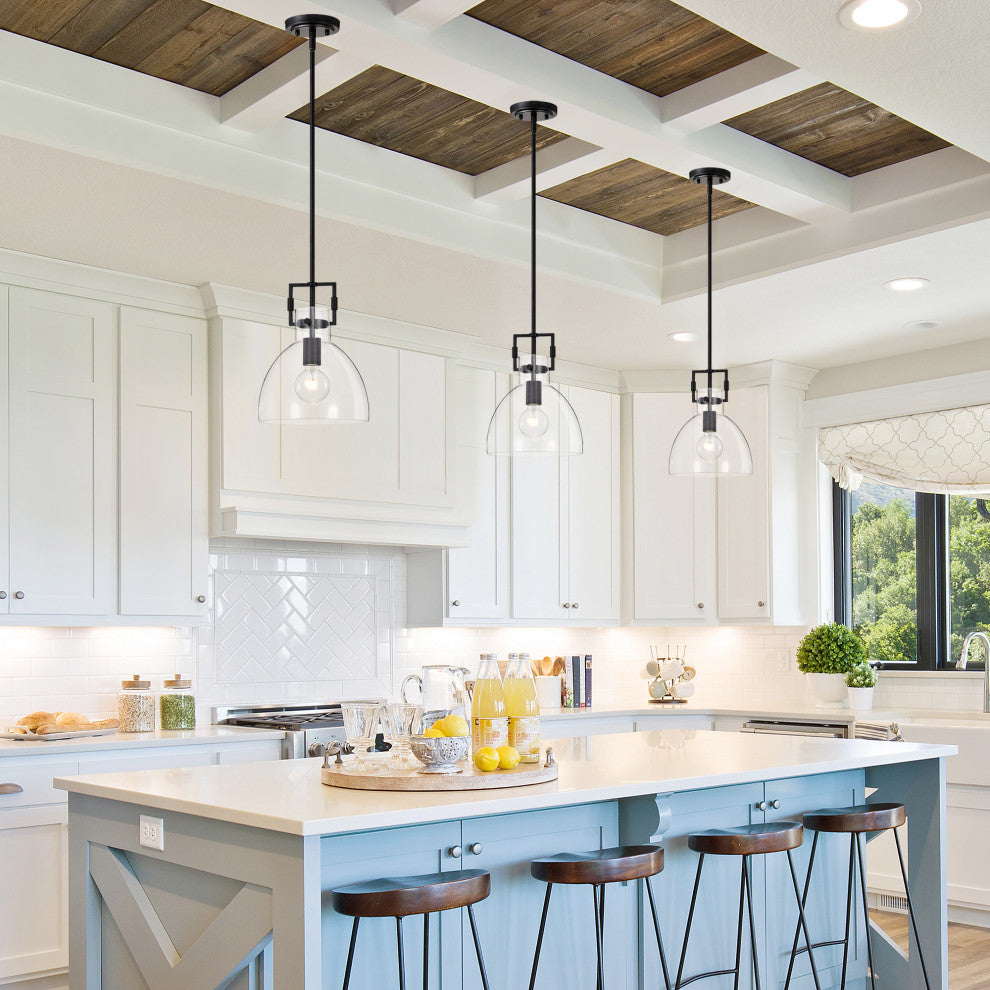 1-Light 10 in. Matte Black Pendant Light With Bowl Shaped Clear Glass Shade