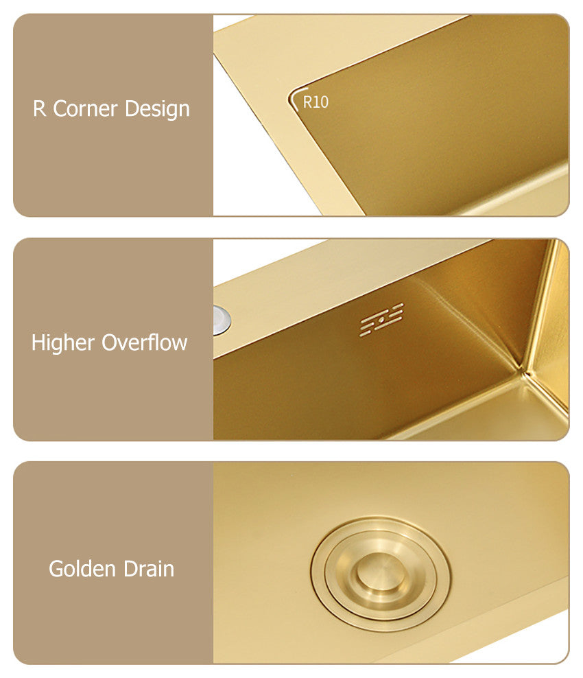 Stainless Steel Kitchen Sink Double Bowls Drop-In Sink with Drain and Overflow, Gold