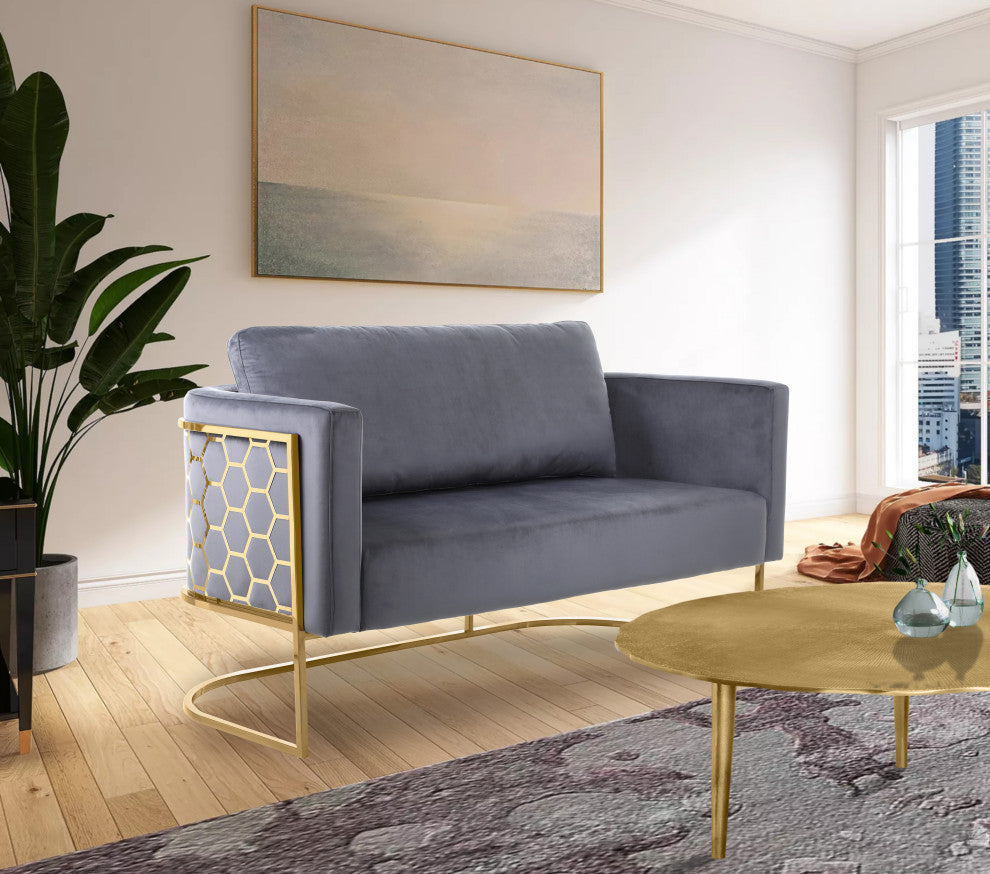 Casa Velvet Upholstered Loveseat, Grey, Gold Finish
