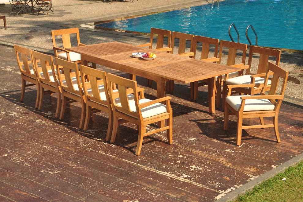 13-Piece Outdoor Teak Dining Set: 122" Extn Rectangle Table, 12 Osbo Arm Chairs