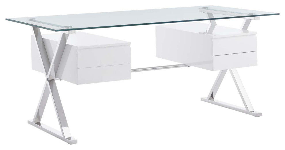Sector 71" Glass Top Glass Office Desk, White