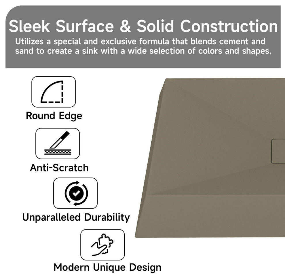 27in Bathroom Concrete Rectangular Vessel Sink with Drainer, Taupe Clay