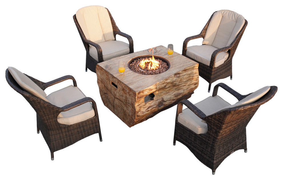 Patio Propane Fire Pit Table with Cushioned Wicker Chairs, Wood-1