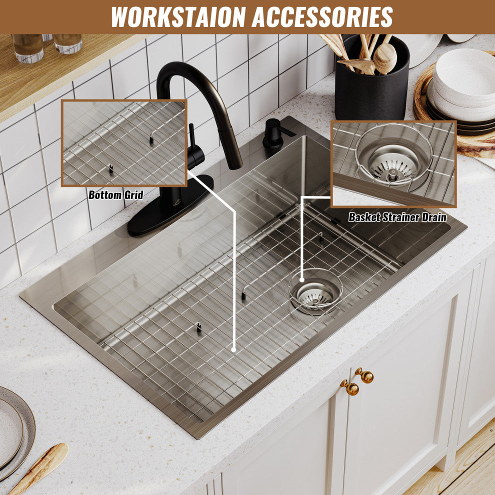 Drop-In Stainless Steel 33-inch 1-Hole Single Bowl Kitchen Sink in Brushed