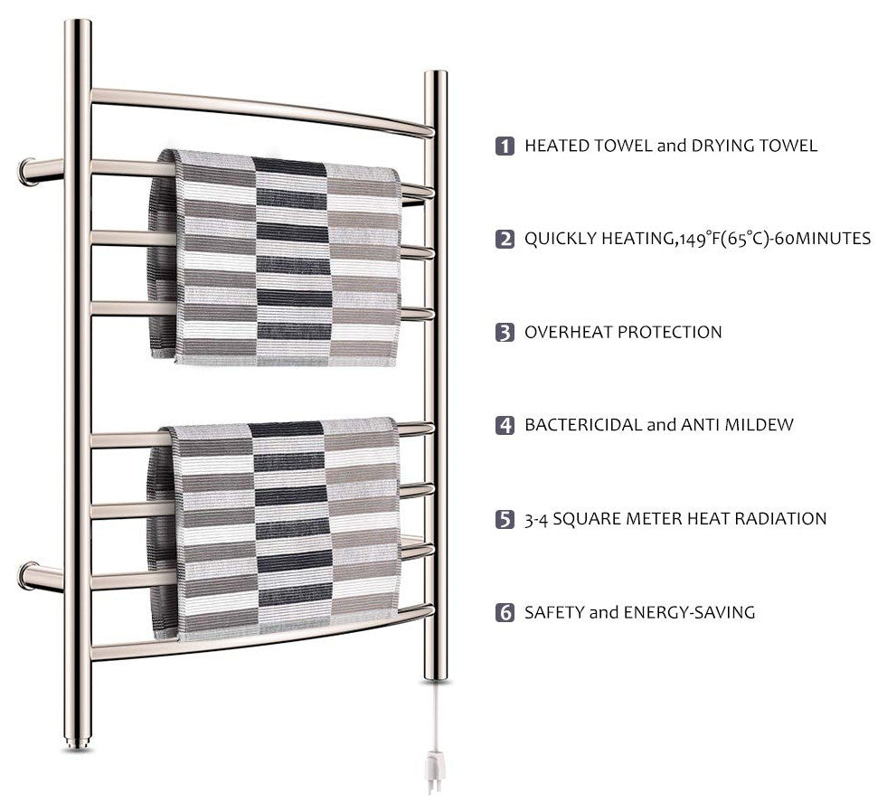 Heatgene Wall Mounted 8 Bar Plug-in Curved Towel Warmer Towel Rack, Brush Polish