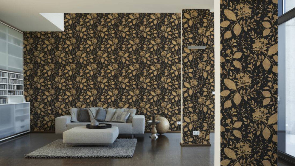 Floral Textured Wallpaper Flowers Leaves Plants, 329863, Black Gray, Sample