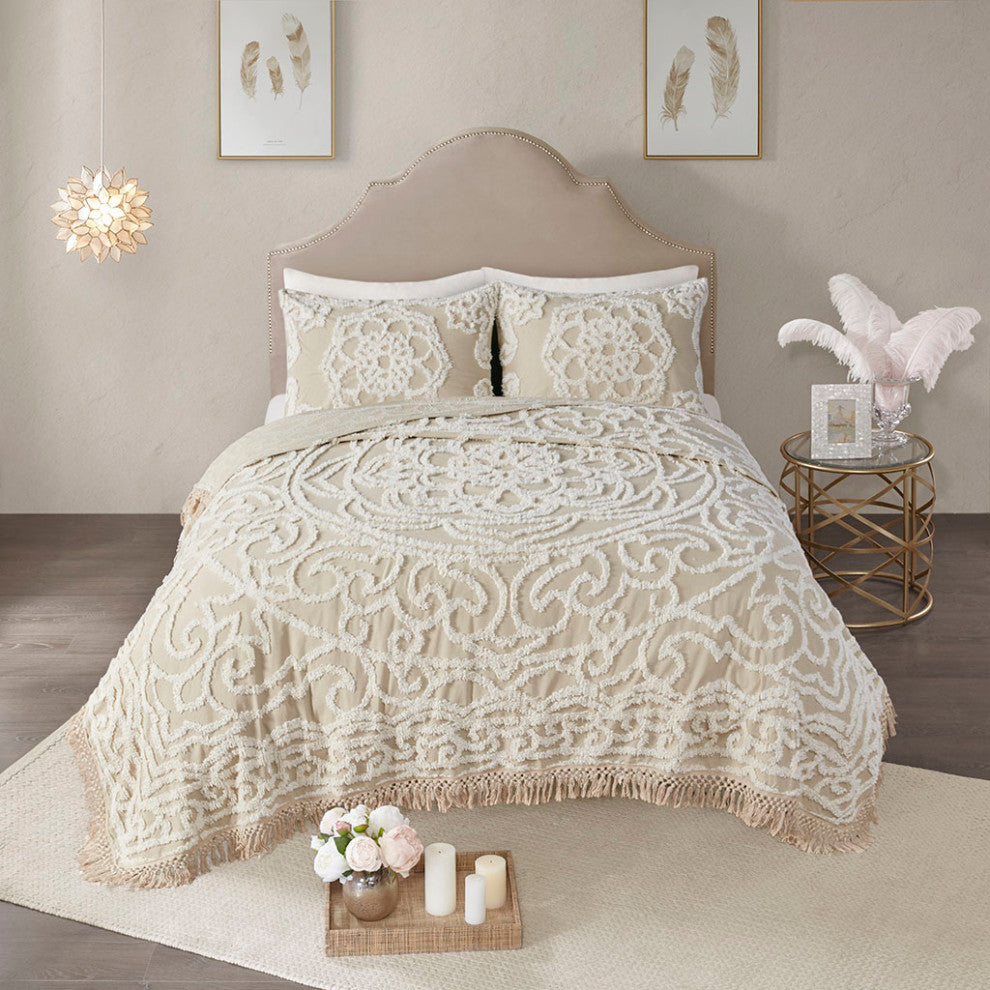 Madison Park Laetitia Tufted Cotton Chenille Medallion Fringe Coverlet Mini Set